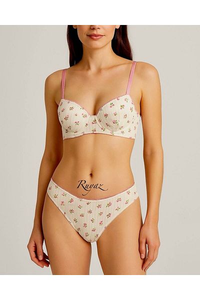 RUYAZ Set sutien din bumbac pieptănat cu model floral alb Set lenjerie de corp Lenjerie de zi cu zi