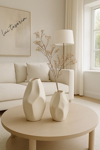 Lui Tasarım Cream Color Ceramic Vase Set of 2 Emila Decorative Vase Modern Simple Stylish 32cm 25 cm