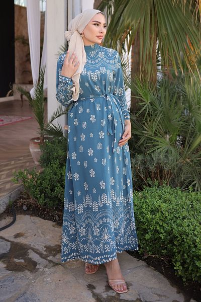 İmajButik Φόρεμα Viscon με μπλε βενζίνη με μοτίβο φούστα