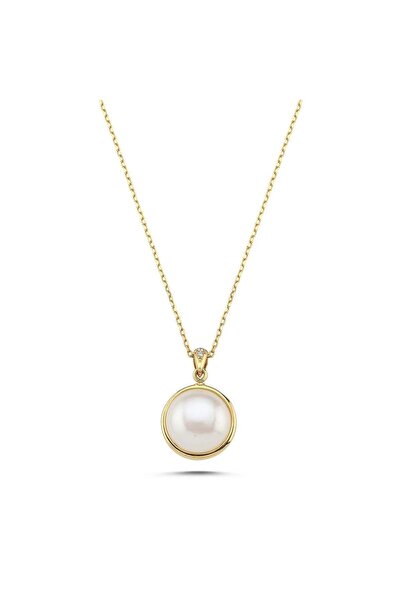 birinci 1926 14 Ayar Altın 12 mm Zirkon Taşlı Doğal İncili Kolye