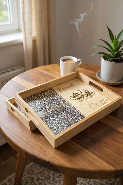 Living Set of 2 rectangular wooden trays with a glass finish.