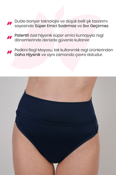 PEDDON Regl Dönemine Özel Konforlu Pedkini Bikini Altı Süper Emici Yüksek Bel Lacivert Regl Mayosu