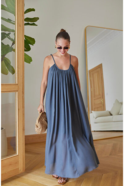 FEMMESTUDIO Women's Anthracite Rope Strap Pleat Detailed Maxi Dress