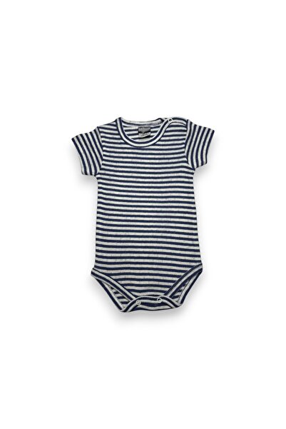 Ponchiq Beyaz Lacivert Çizgili Unisex Çocuk Kısa Kol Body