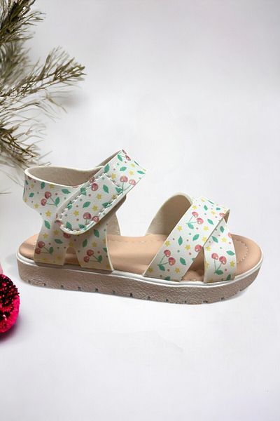 Ponchiq White Cherry Patterned Velcro Girls' Sandals
