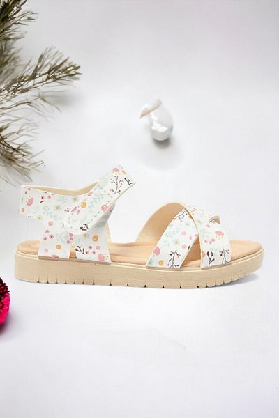 Ponchiq Velcro Ecru Printed Girl's Sandals