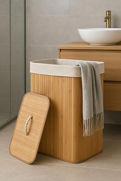 BEYZANA 35x35x50 Cm Kare Bambu Kirli Sepeti