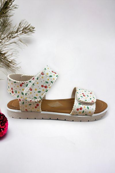Ponchiq Sandale pentru fete cu velcro cu model de cireș alb