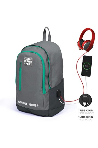 Coral High Açık Gri Üç Bölmeli Usb Şarjlı Kulaklık Çıkışlı Sırt Çantası 23233