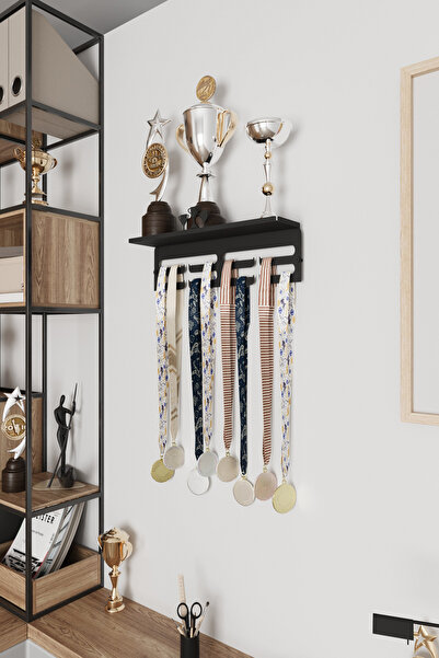 Grandmix Kupa Raflı Madalya Askılığı Kupa Tasarımlı Metal Madalya Askısı ve Kupa Standı 15x35x10 cm