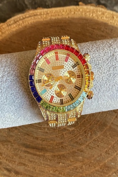 ÇENÇEN Yeni Sezon Full Zirkon Taşlı 39mm Gold Unisex Model Kadın Erkek Kol Saati