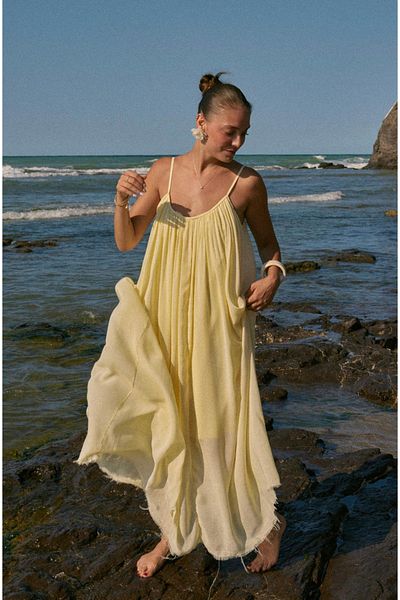 FEMMESTUDIO Women's Yellow Rope Strap Maxi Dress with Pleat Detail