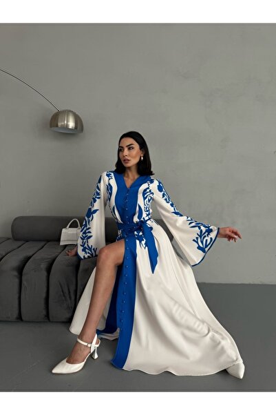 MSN Тканина з квітковим візерунком, сукня (пояс у комплекті) - синя - WW2507