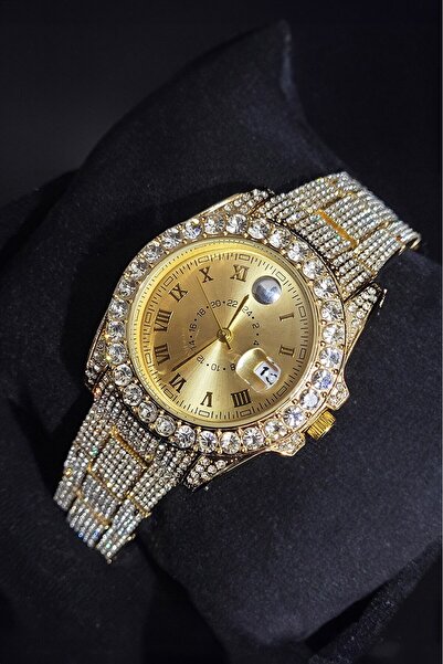ÇENÇEN Yeni Sezon Full Zirkon Taşlı 39mm Gold Unisex Model Kadın Erkek Kol Saati