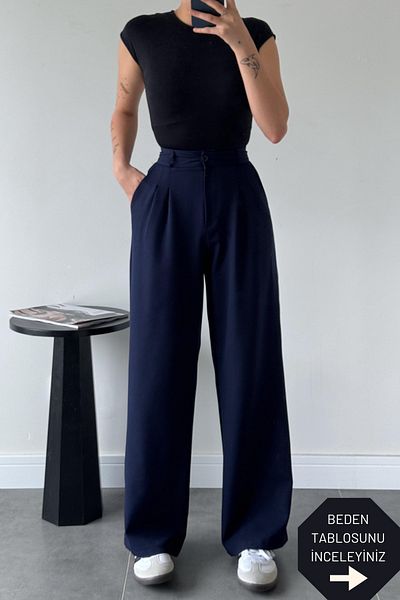 trendalisse Navy Blue Palazzo Fabric - Wide Leg Pleated Women's Trousers