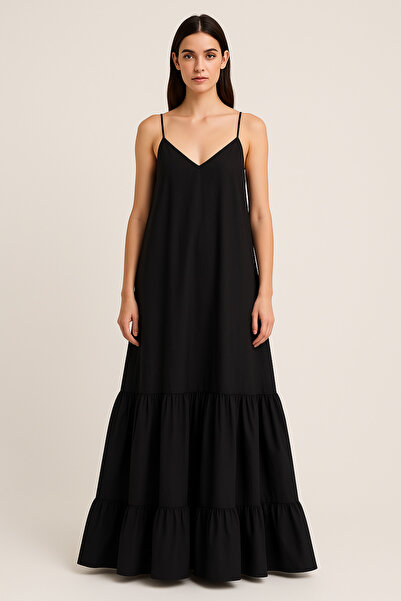 MERT ERKAN Etek Ucu Fırfırlı & Bağlamalı Askılı Siyah Maxi Poplin Elbise