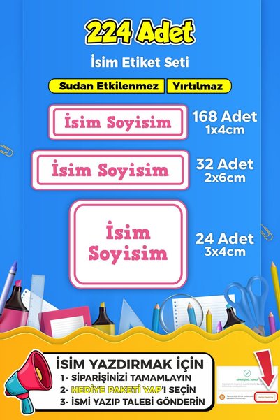SB store Pembe Renk Okul Kreş Etiketi Kalem Defter Özel Isim Yazılabilen Etik...