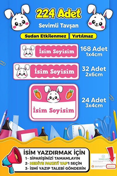 SB store Sevimli Tavşan Temalı Okul Kreş Kişiye Özel Isim Etiket Seti - Model 1