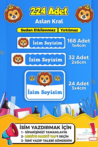 SB store Aslan Kral Temalı Okul Kreş Kişiye Özel Isim Etiket Seti - Model 2