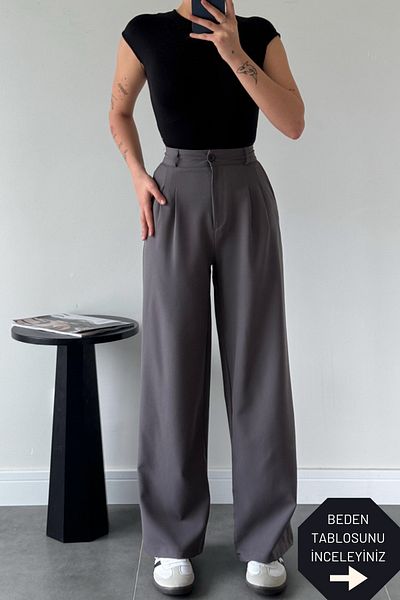 trendalisse Dark Gray Palazzo Fabric - Wide Leg Pleated Women's Trousers