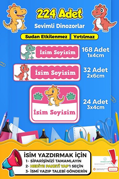 SB store Dinozor Temalı Kişiye Özel Okul Kreş Isim Etiket Seti - Model 140