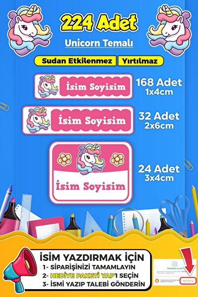 SB store Unicorn Okul Kreş Etiketi Kalem Defter Özel Isim Yazılabilen Etiket ...