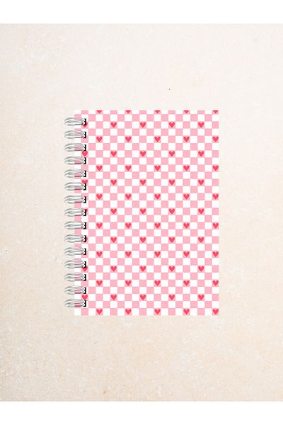 Ez&Tu Stıcker Pink Checkerboard Patterned Notebook with Heart – 60 Sheets / 120 Pages – Unlined Wire Spiral