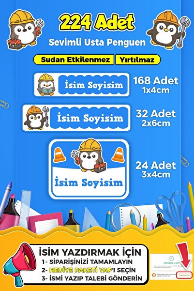 SB store Tamirci Penguen Temalı Okul Kreş Kişiye Özel İsim Etiket Seti - Mode...