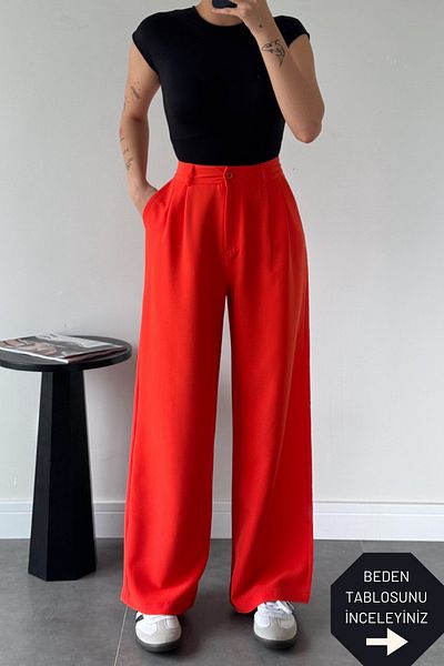 trendalisse Red Palazzo Fabric - Wide Leg Pleated Women's Trousers