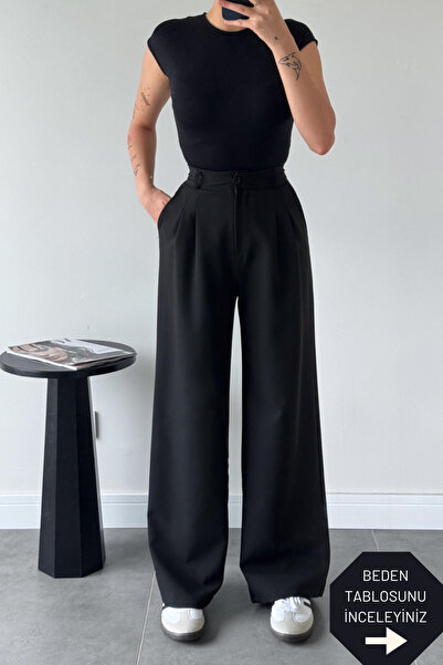trendalisse Black Palazzo Fabric - Wide Leg Pleated Women's Trousers