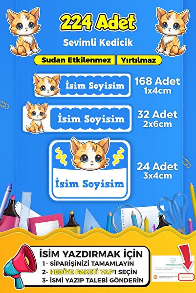 SB store Sevimli Kedi Temalı Okul Kreş Kişiye Özel isim Etiket Seti - Model 360