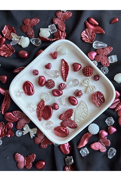 Bijumix Aksesuar 40 Adet Bordo Sedefli Karışık Figürlü Plastik Boncuk Kırmızı