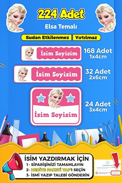 SB store Elsa Temalı Okul Kreş Kişiye Özel Isim Etiket Seti - Model 24