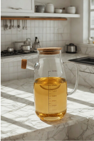 Home Bambu Kapaklı Borosilikat 1000ml Cam Yağlık Sirkelik