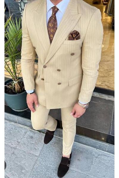 MASSARO Double Breasted Suit Cream Striped
