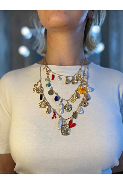 MIRADA JEWELRY 3’lü Charm Çiçek Ve Kalp Altın Kaplama Kolye