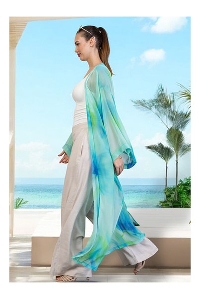 MODA Qymos Prive Summer, Beach, Casual Kimono Kaftan Pareo in Turquoise Green Tie-Dye Colors