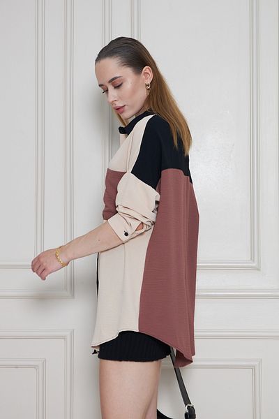 Pasaklı Giyim Women's Black Dusty Rose Beige Color Detailed Long Back Long Sleeve Flowy Tunic Shirt 3071230