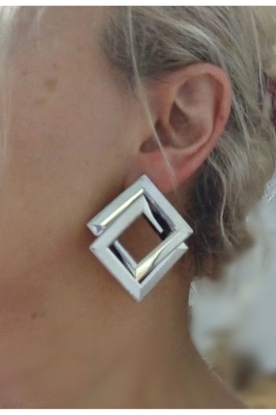 mos&more Gümüş Kare İçiçe Geçmeli, Şık Kadın Küpe