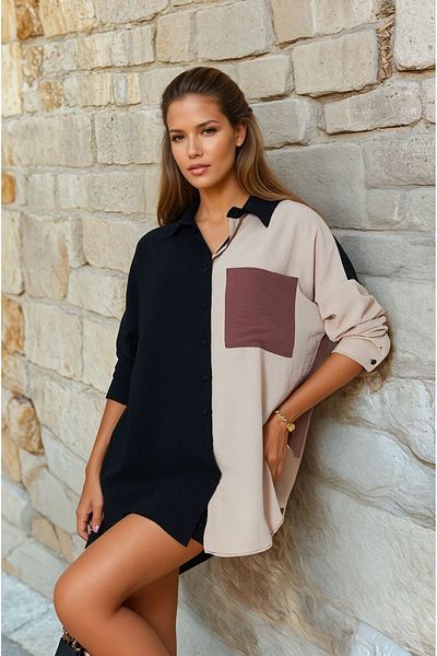 Pasaklı Giyim Women's Black Dusty Rose Beige Color Detailed Long Back Long Sleeve Flowy Tunic Shirt 3071230