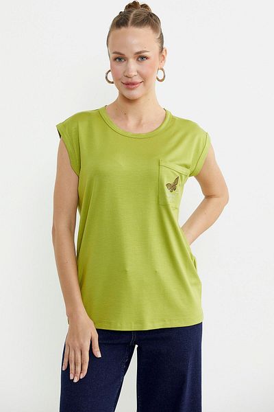 Sementa Tricou cu buzunare drapat cu maneca joasa - Stone