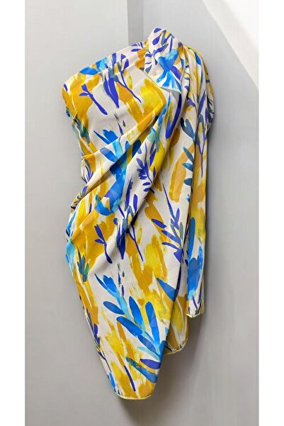 owiç Long Yellow Blue Patterned Chiffon Pareo Women's Beach Dress