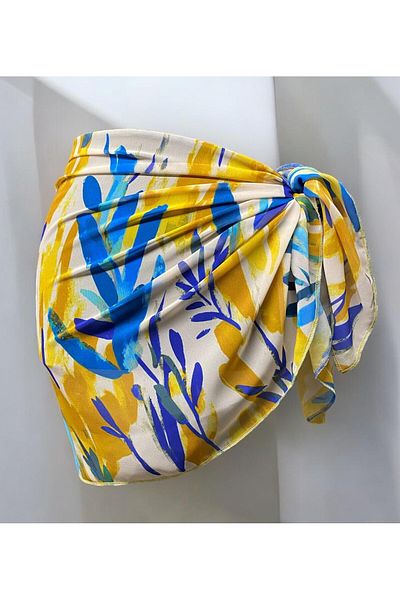 owiç Short Yellow Blue Patterned Chiffon Pareo Women's Beach Dress