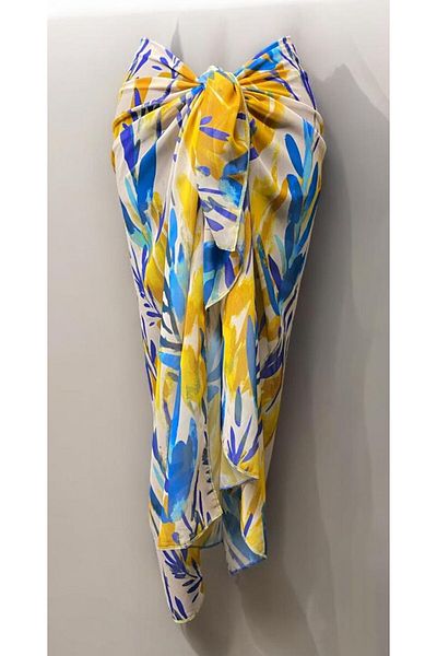 owiç Long Yellow Blue Patterned Chiffon Pareo Women's Beach Dress
