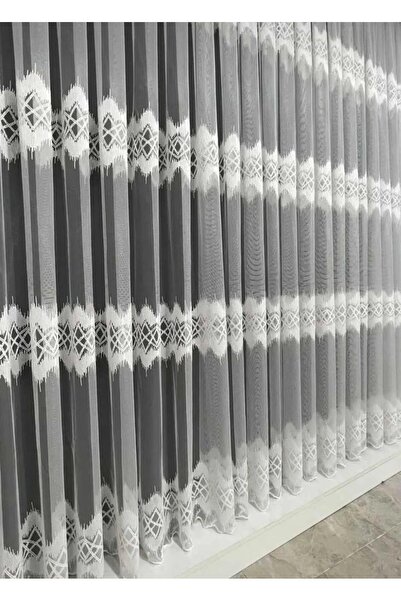 Emuz Desenli Zigzag İşleme Nakış Tül Perde 1 / 3 Sık Pileli 1. Kalite Fon, Tü...