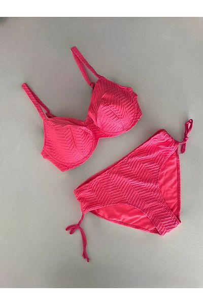 hazelin Women's Vibrant Pink Patterned Large Size Lined Bikini Suit Hzl25S-Lc4004