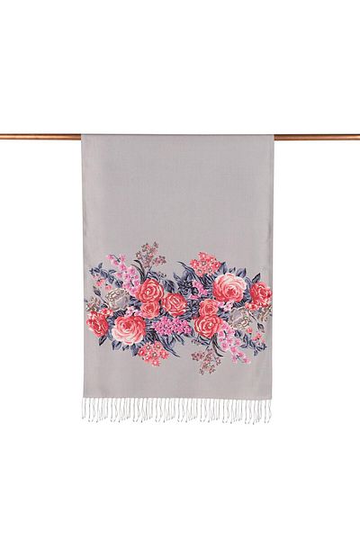 ipekevi Palace Garden Patterned Silk Shawl 02677-Grey