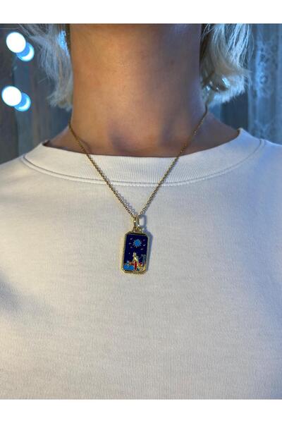 MIRADA JEWELRY Güneş ve Yıldız Motifli Kadın Figürlü Mavi Çelik Kolye