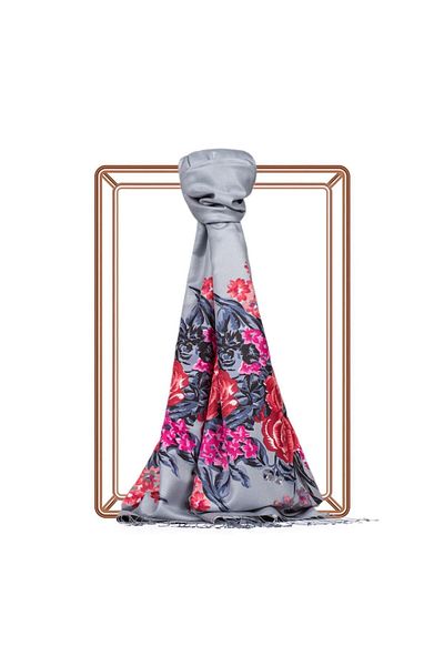 ipekevi Palace Garden Patterned Silk Shawl 02677-Grey