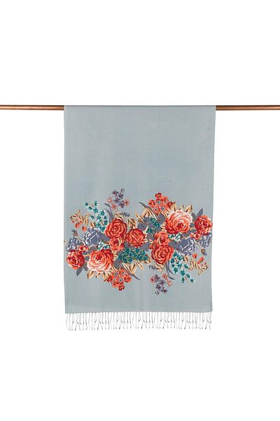 ipekevi Palace Garden Patterned Silk Shawl 02677-Ice Blue